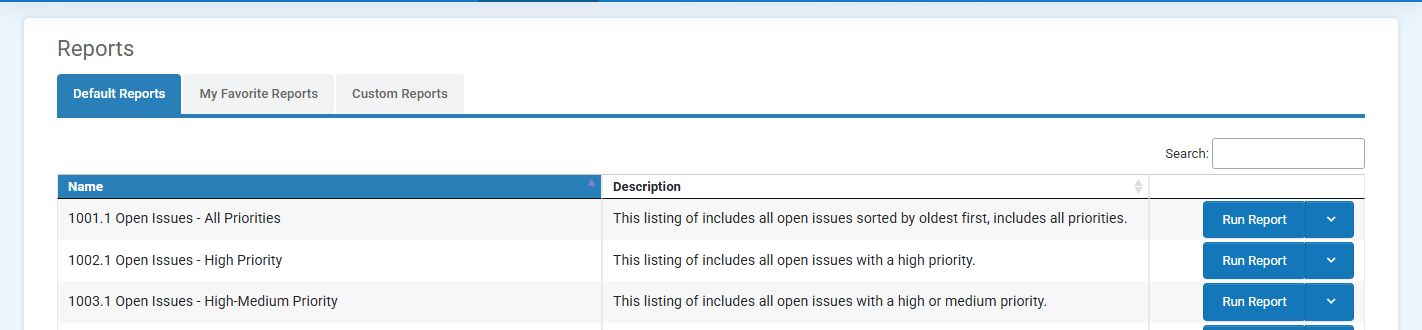 Reports page showing the Default Reports, My Favorite Reports, and Custom Reports tabs.