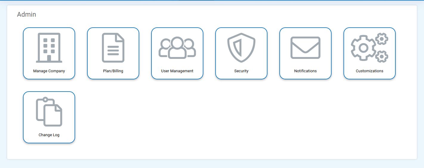 Admin landing page showing the available administration areas.