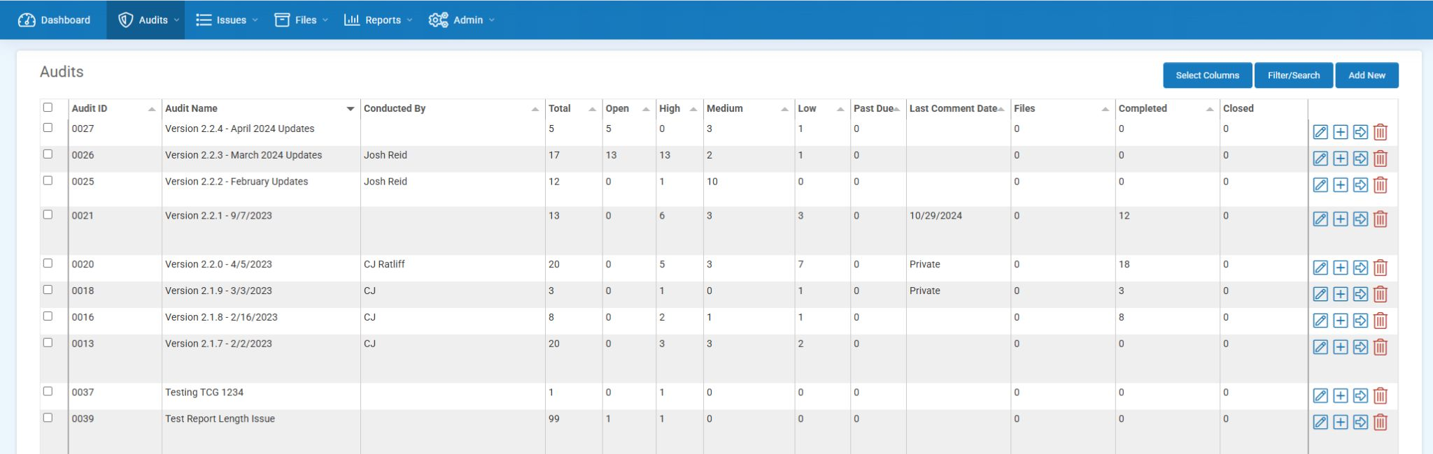 Current Audits page with the Add New button above the audit list