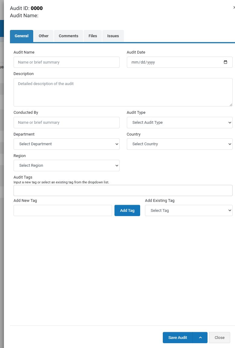 General tab of the current Add Audit panel