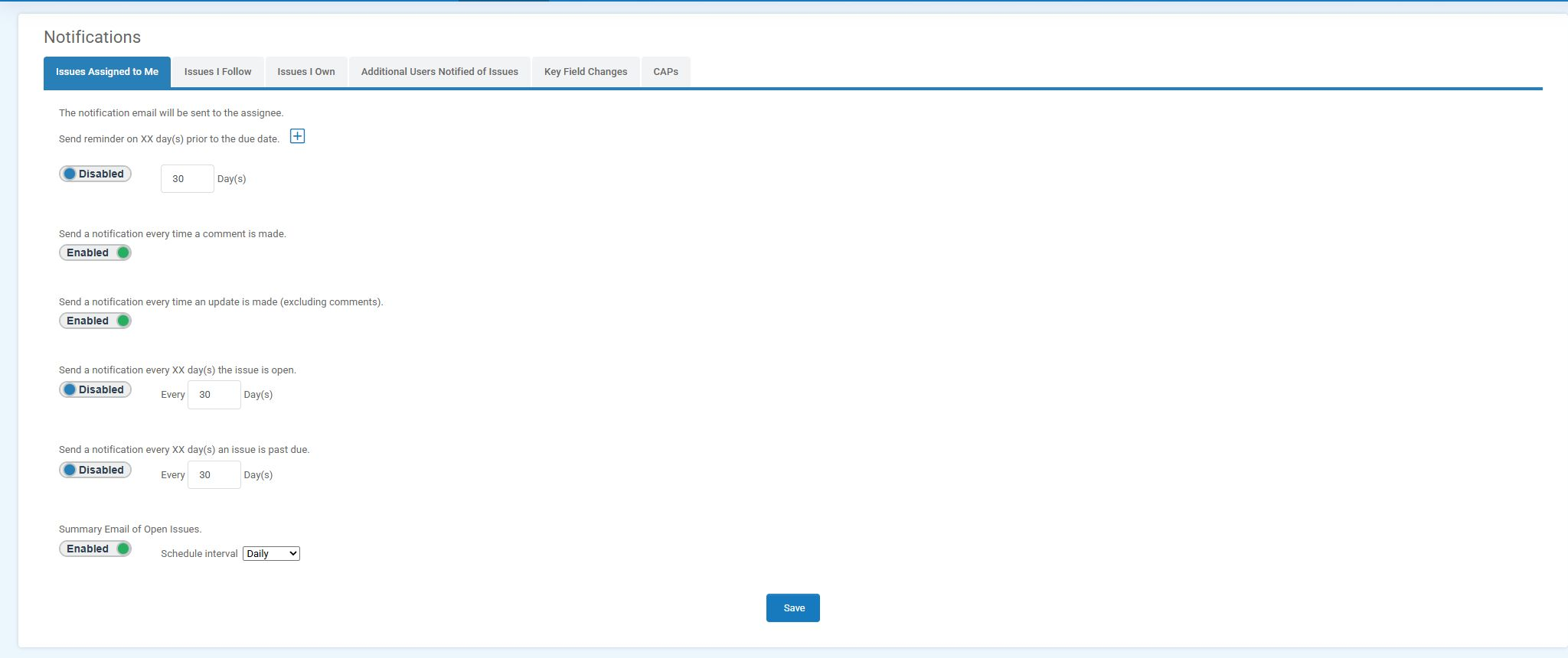 Current AuditFindings Notifications page showing the six notification groups and notification controls