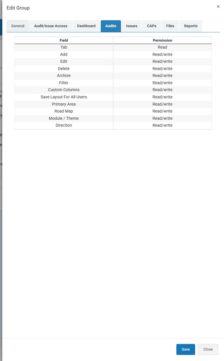 Current AuditFindings Edit Group panel showing the permission tabs and Audits permissions