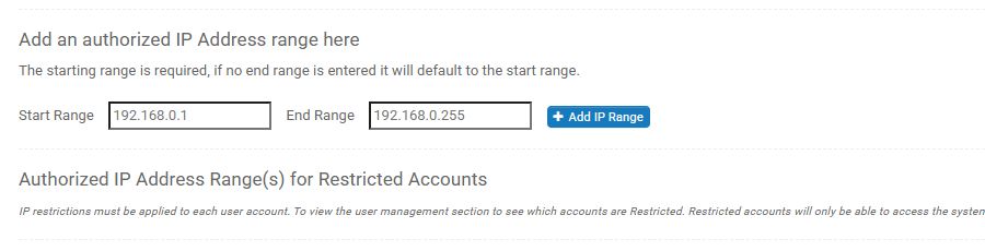 Current AuditFindings Security tab showing the authorized IP start range, end range, and Add IP Range controls