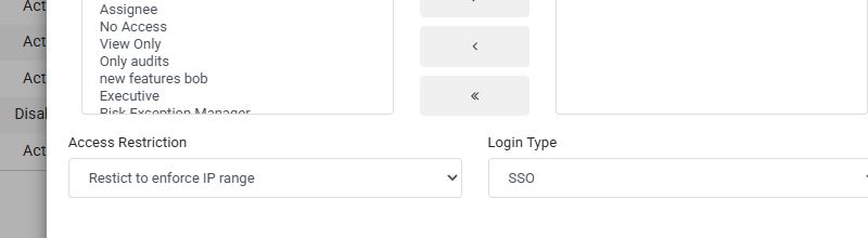 Current Edit User panel showing Access Restriction set to Restrict to enforce IP range