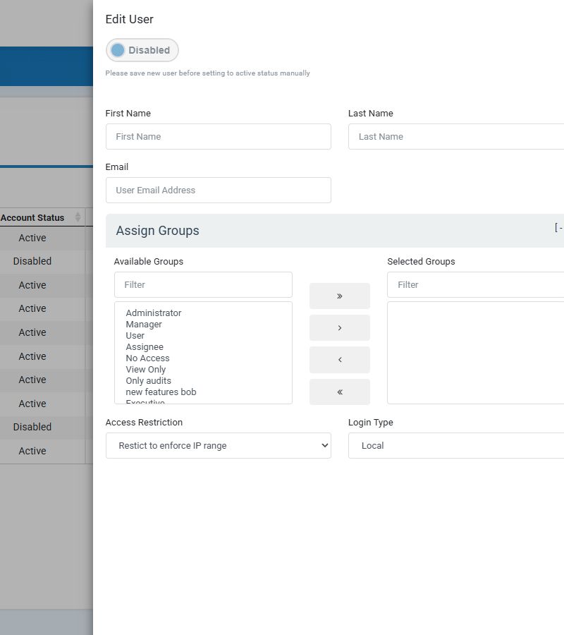 Current AuditFindings Edit User panel for a new user with blank identity fields, group assignment, access restriction, and login type controls
