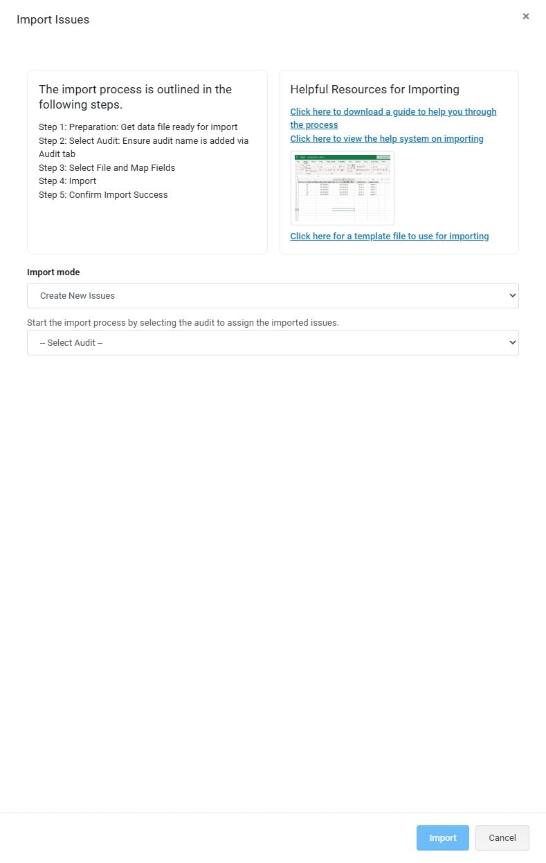 Import Issues panel with import mode and audit selection