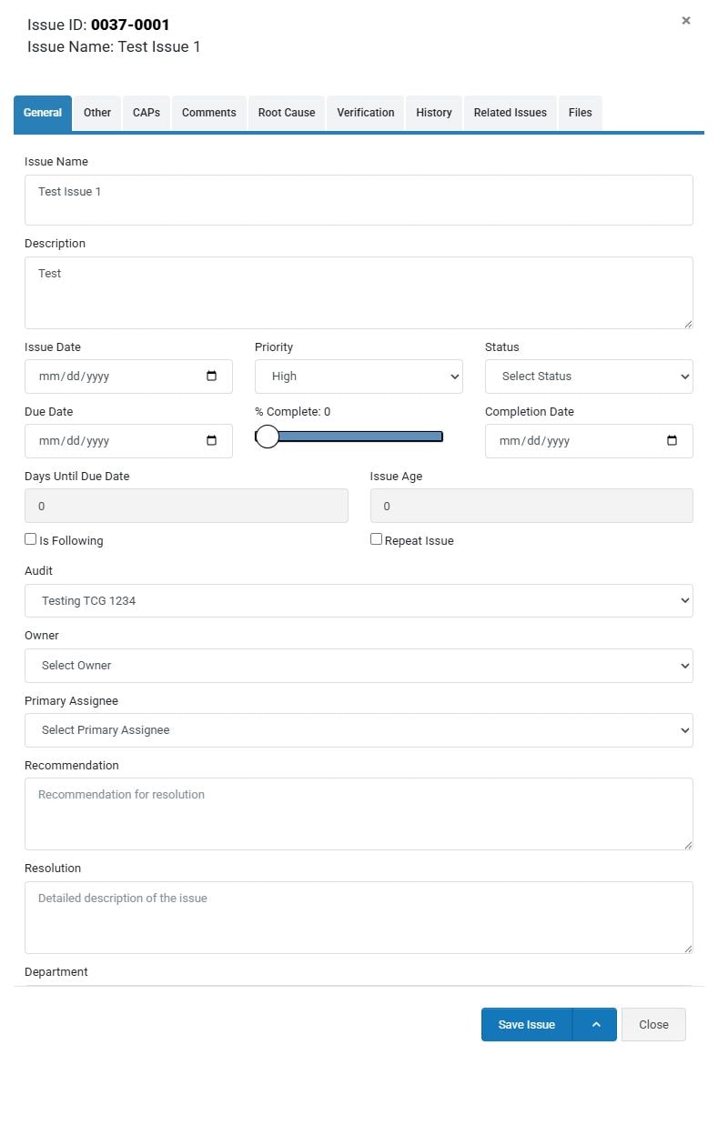 Issue editor showing priority, status, owner, primary assignee, recommendation, and resolution fields