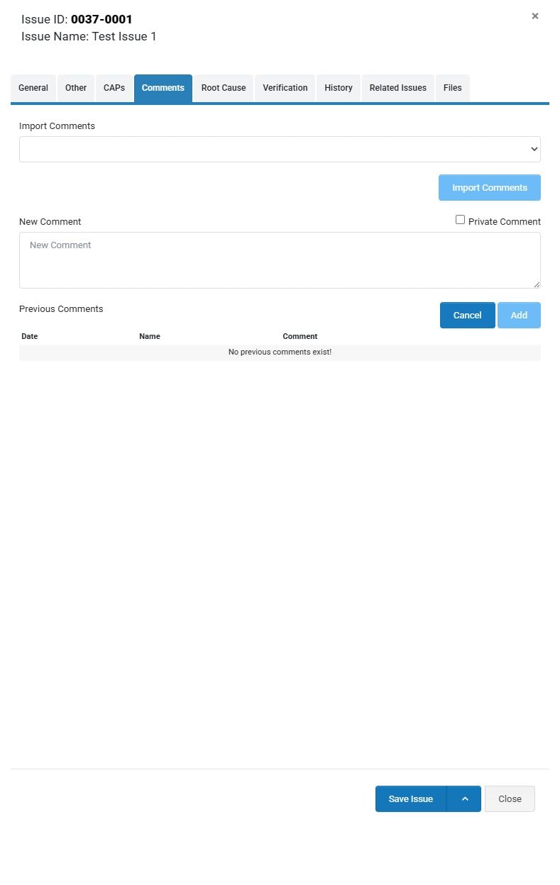 Issue Comments tab with private comment and new comment controls