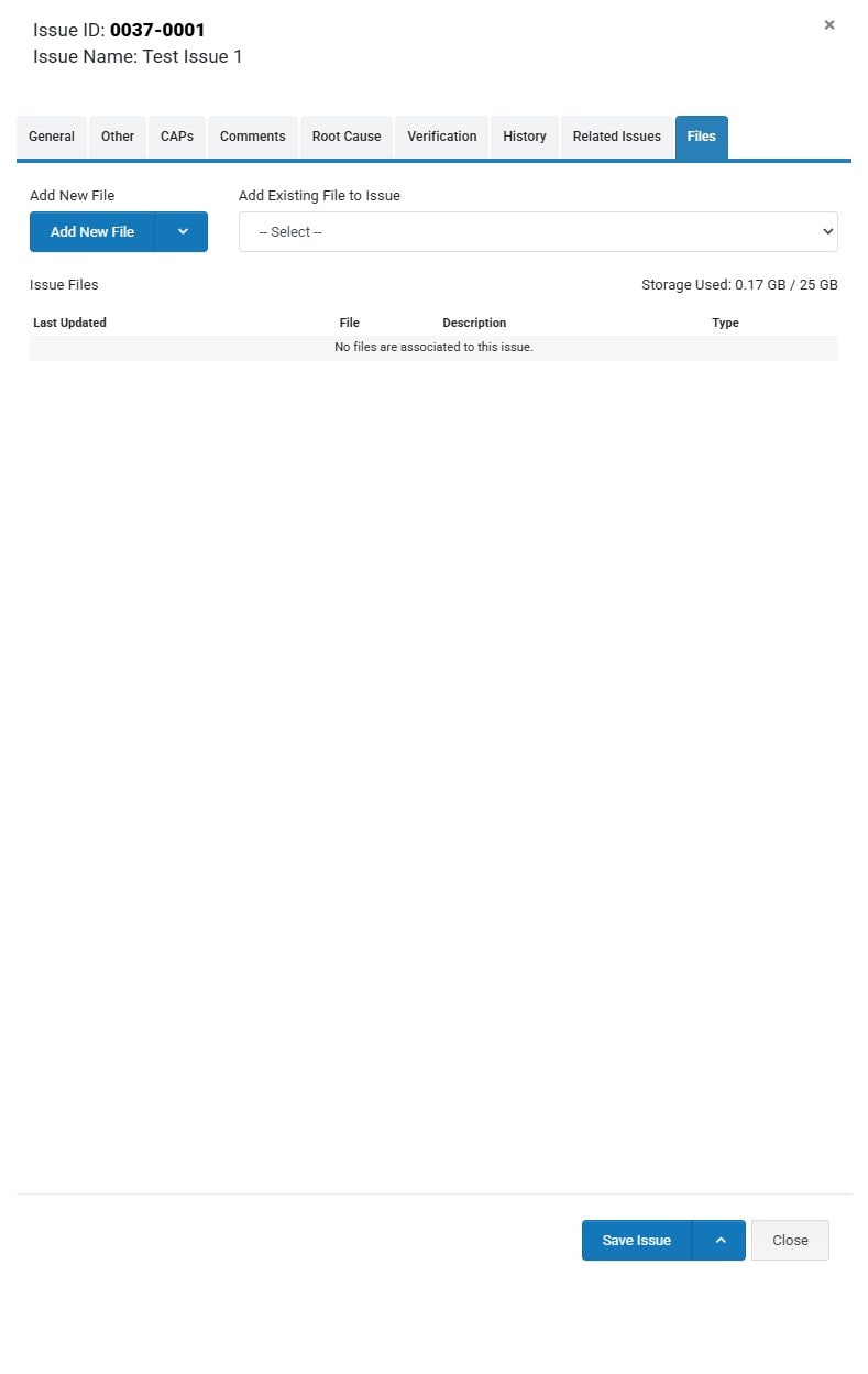 Issue Files tab with Add New File and Add Existing File controls