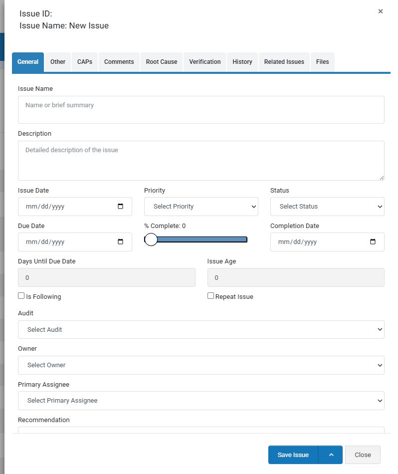 New Issue panel showing the General tab and Save Issue button