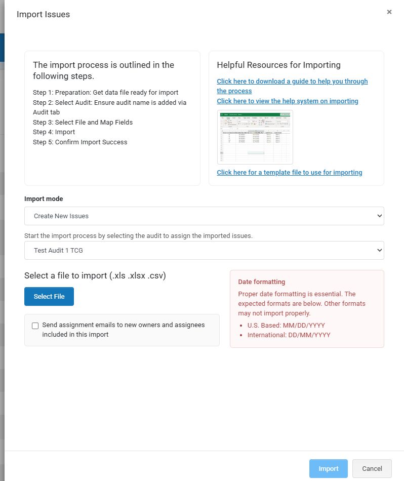 Import Issues panel showing file formats, date formatting, and assignment email option