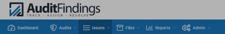 AuditFindings navigation showing Dashboard, Audits, Issues, Files, Reports, and Admin
