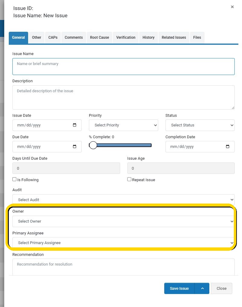 The issue General tab with the Owner and Primary Assignee fields highlighted.