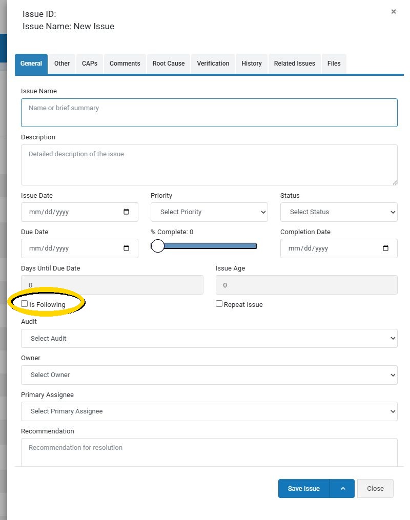 The issue General tab with the Is Following checkbox highlighted.