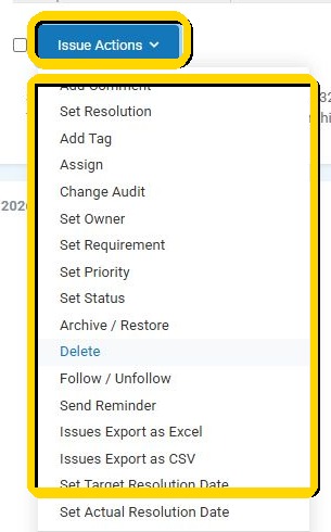 The Issue Actions menu on the Issues page with available mass-edit actions highlighted.