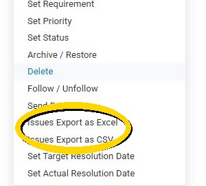The Issue Actions menu with Export as Excel and Export as CSV highlighted.