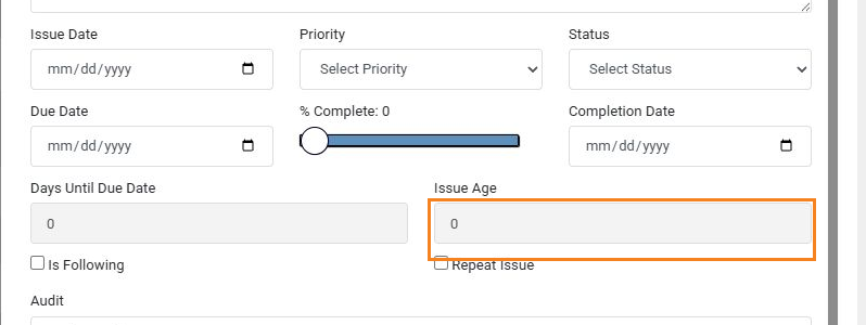 Current issue form showing Issue Age