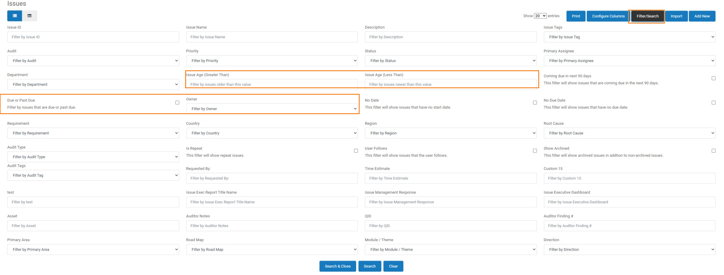 Current issue monitoring filters