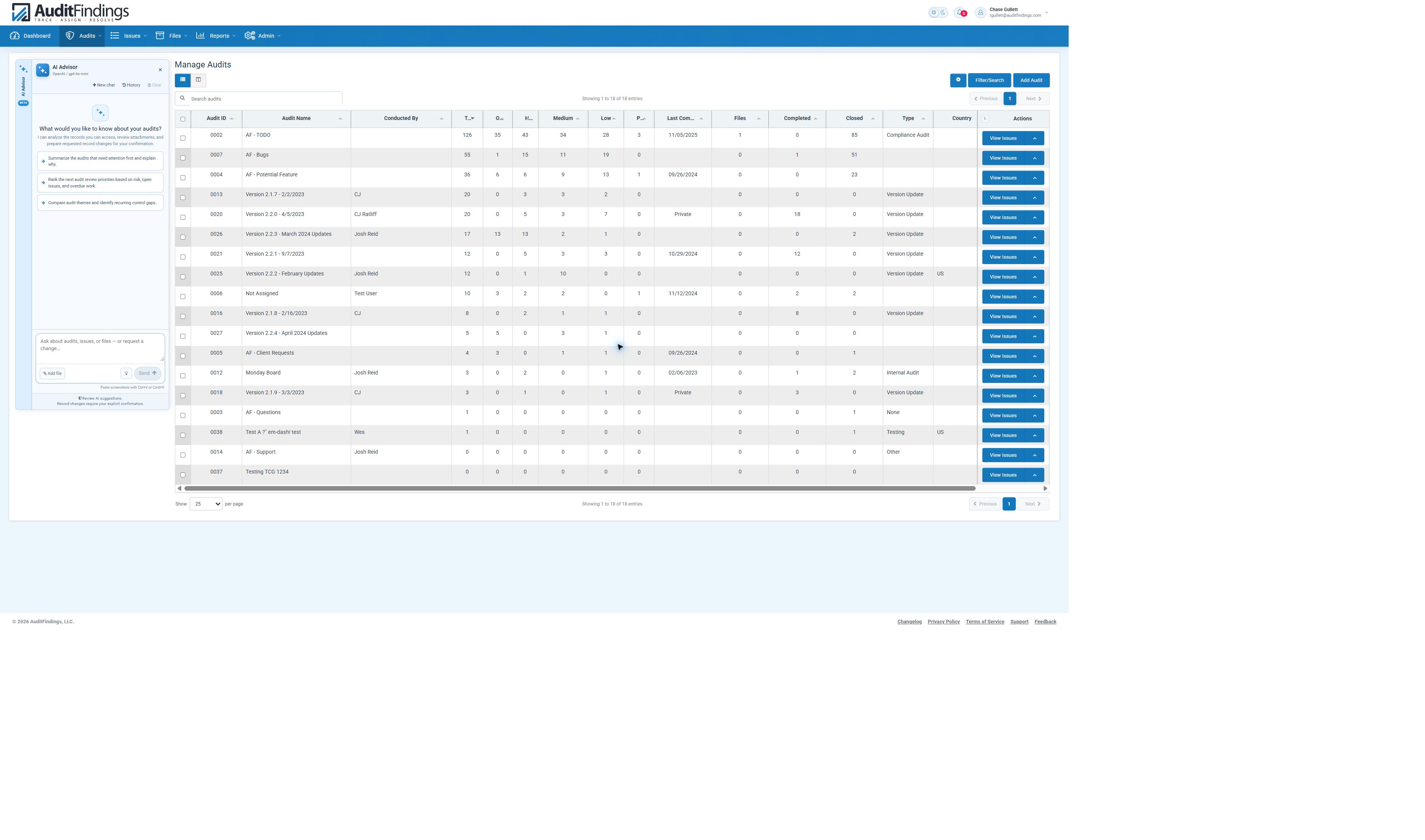 AI Advisor on Manage Audits